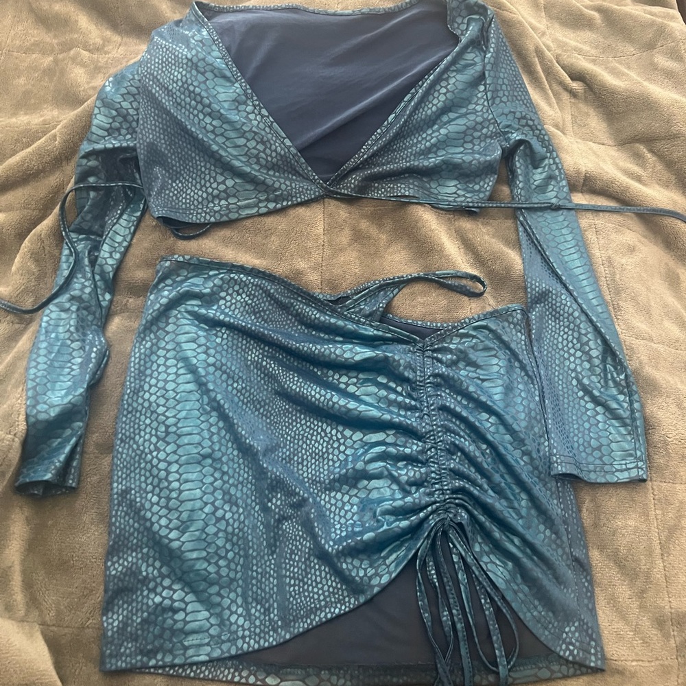 Tie crop top ruched drawstring  bodycon set